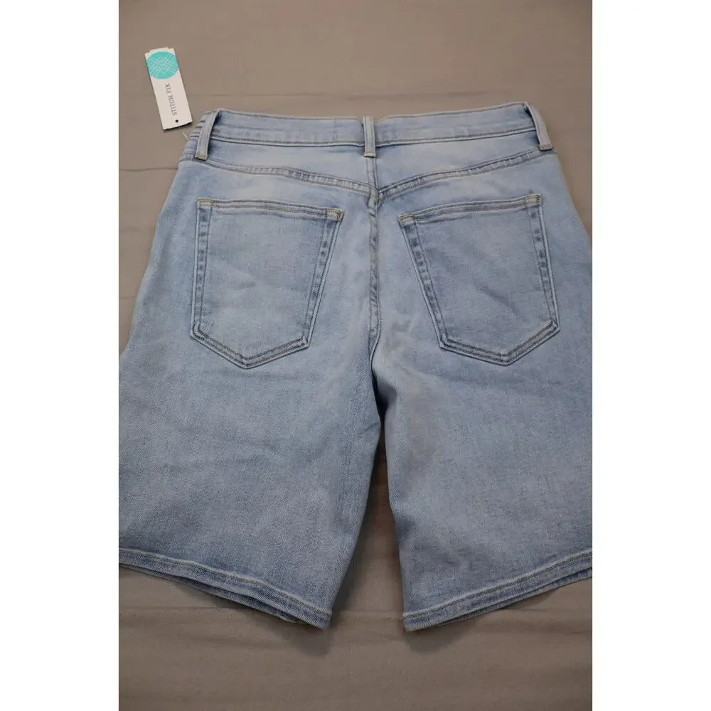 NEW Just Black Blue Clean Hem Stretch Longer High Rise Denim Jean Shorts Size M